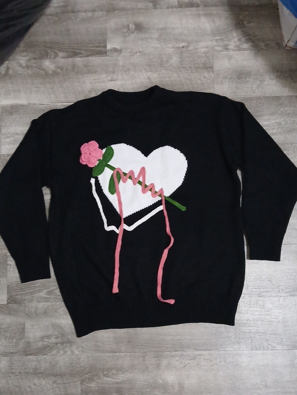 A Classy Chic Boutique Black Sweater with Heart and Rose Design